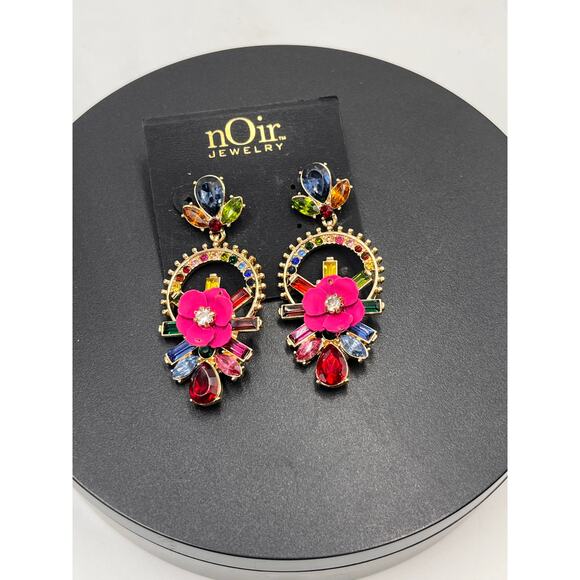 Noir Jewelry Multicolor Rhinestone Pink Flower‎ Floral Dangle Earrings New - Picture 4 of 7